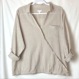 J JILL Collared Ticking Striped Faux Wrap Front Shirt Blouse Long Sleeve Size